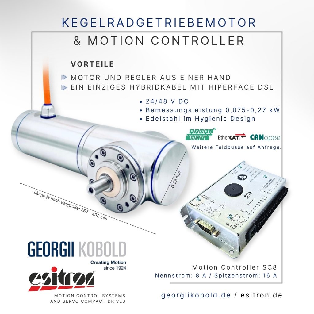 Kegelradgetriebemotor mit Bemaßung Feldbusse Motion Controller esitron
