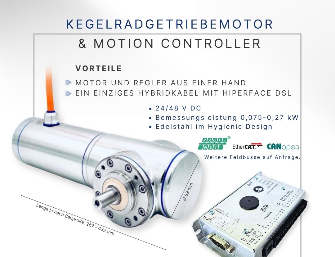 Kegelradgetriebemotor mit Bemaßung Feldbusse Motion Controller esitron